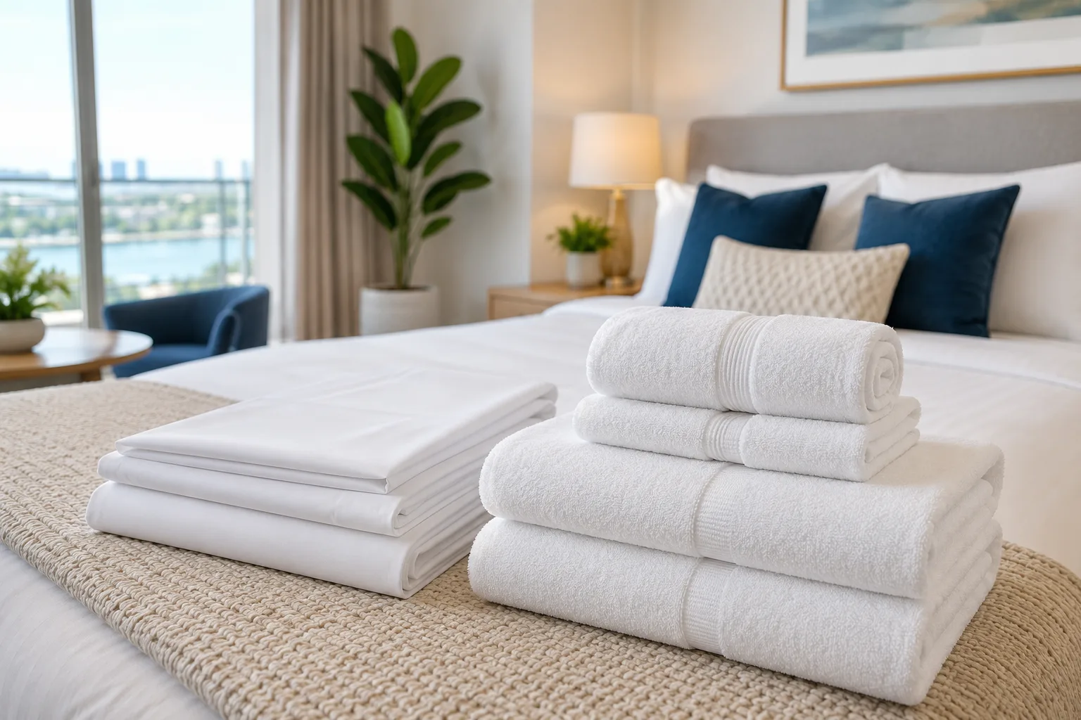 Airbnb bedding laundry cleaned and folded in room