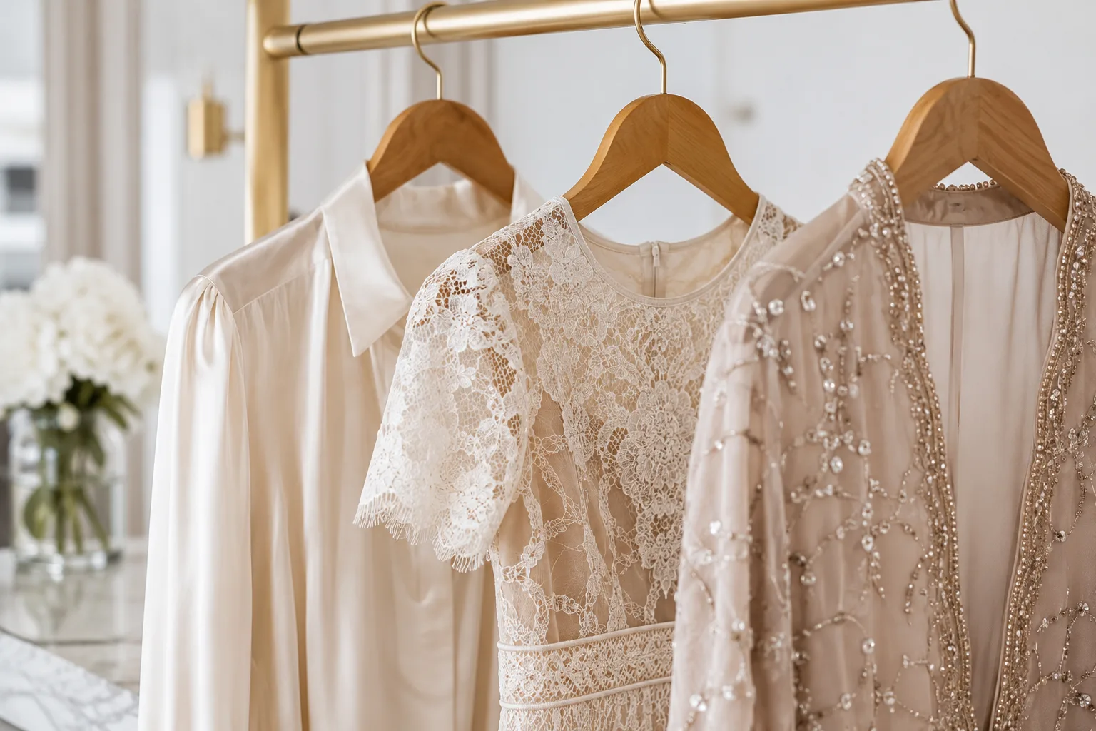 Delicate clothing dry cleaned and hanged on clothes rack