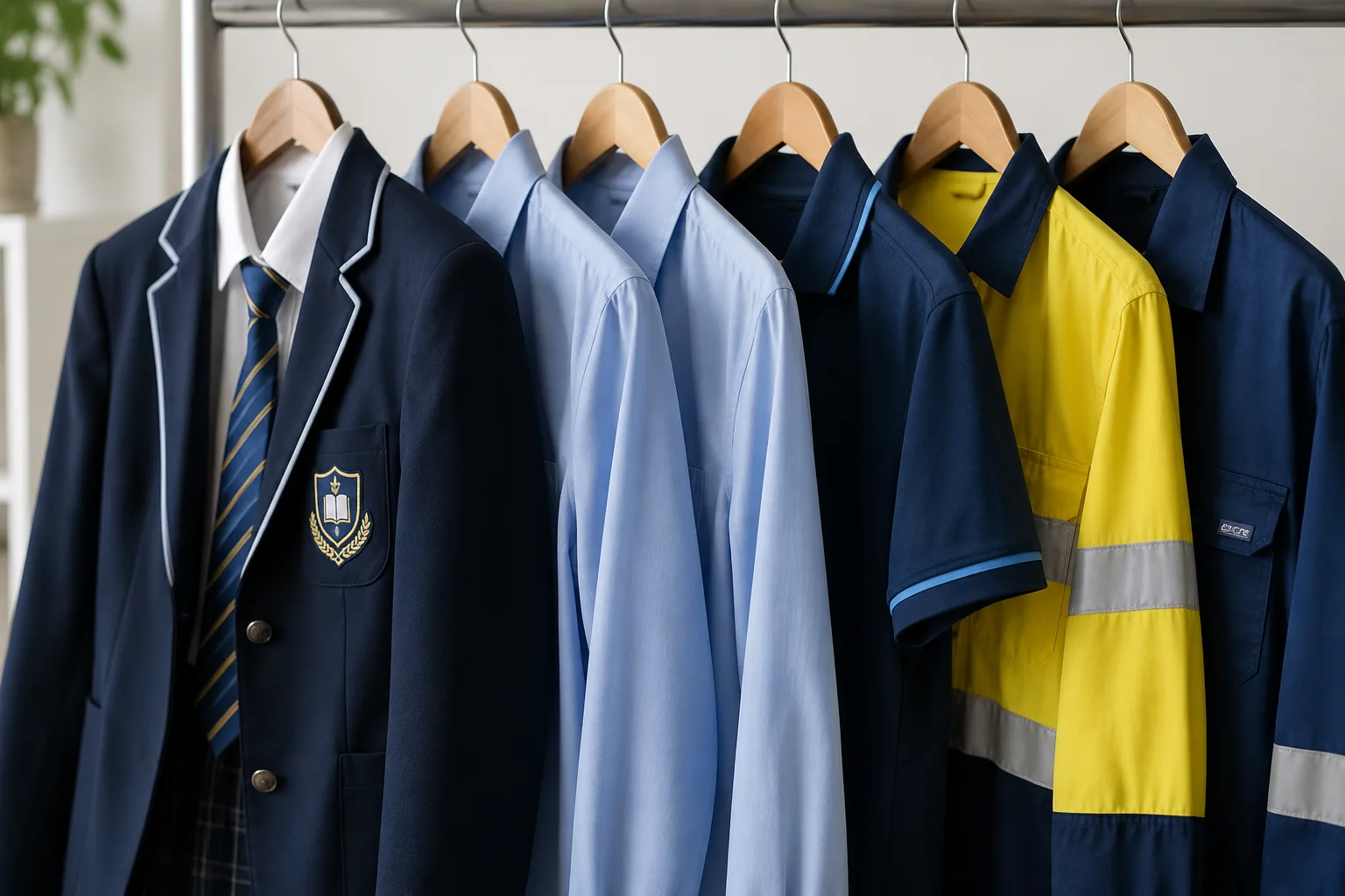 School uniforms and work wear dry cleaned and hanged on clothing rack