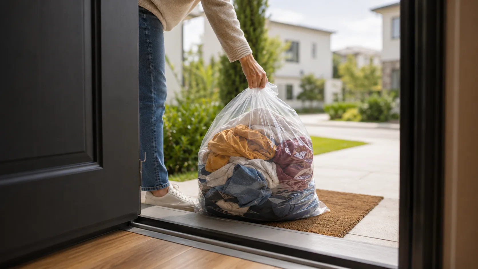 dropping off laundry in bag at home waiting for pickup